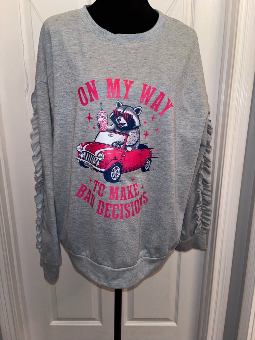 XL Women's Gray Raccoon Sweatshirt "On my Way to Make Bad Decisions"